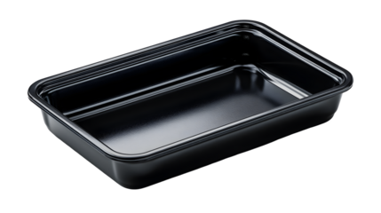 Sleek black rectangular food container, perfect for meal prep, takeout, or storage, offering modern convenience and versatile utility for busy lifestyles.