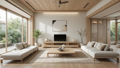Stylish living room design for modern home showcases natural light and serene minimalist decor
