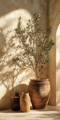 Sunlit corner with terracotta pots and olive branch.  Earthy tones and shadows create a serene, minimalist scene