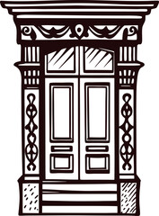 Ornate double door with classical columns and intricate woodwork hand drawn vintage architectural illustration