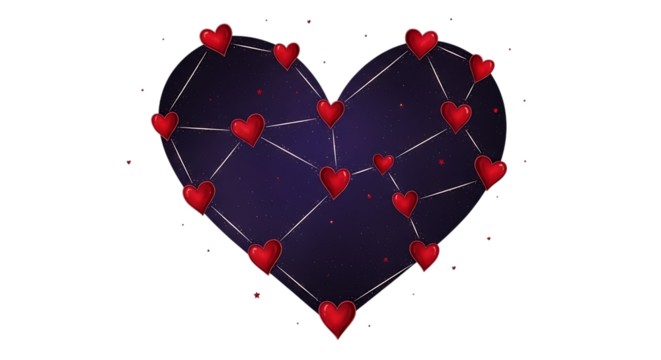 A heartshaped constellation of love, with interconnected red hearts forming a celestial pattern against a dark, starry background, symbolizing connection, affection, and the beauty of relationships is - Powered by Adobe