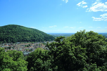 View over urban edge and forested hill
