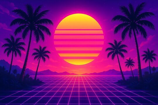 Retro Sunset with Palm Trees and Grid Landscape