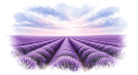A serene lavender field stretches to the horizon beneath a pastel sky isolated on transparent background, capturing the essence of provence with its vibrant colors and tranquil atmosphere, perfect for