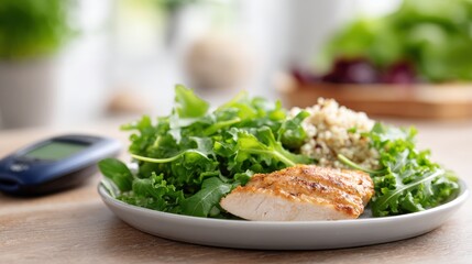 Grilled chicken breast served on a plate with fresh leafy greens and quinoa, showcasing a healthy meal option, with a glucose meter in the background for dietary monitoring