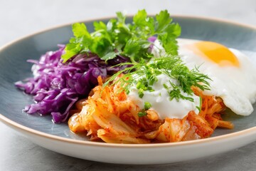 Colorful plate featuring vibrant kimchi, fresh herbs, and a perfectly cooked egg alongside shredded purple cabbage, showcasing a delicious and healthy meal concept