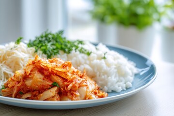 Colorful plate featuring spicy kimchi, fluffy white rice, and fresh herbs, beautifully arranged on a blue dish, showcasing vibrant textures and appetizing presentation
