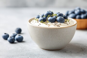 Bowl of creamy yogurt topped with fresh blueberries and chia seeds, placed on a textured surface, showcasing healthy eating and vibrant colors for wellness and nutrition