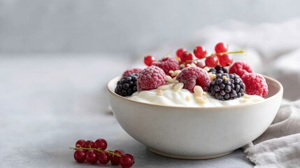 Bowl of creamy yogurt topped with fresh raspberries, blackberries, and red currants, surrounded by soft fabric, showcasing a healthy and vibrant breakfast option