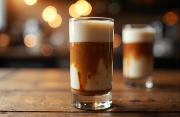 A tall glass of layered iced coffee with milk and coffee on a wooden table in a cozy café setting