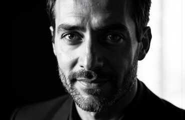 Obraz premium Close-up of a confident man with a beard and short hair in black and white