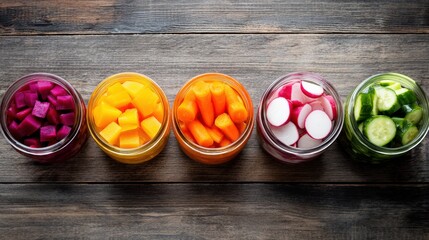 Colorful jars filled with vibrant pickled vegetables including beets, carrots, radishes, and cucumbers arranged on a rustic wooden surface showcasing healthy food preservation techniques