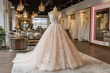 Elegant wedding dress in bridal shop
