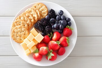 Fresh fruit and cheese platter featuring strawberries, blueberries, blackberries, and crackers arranged beautifully on a white plate, perfect for gatherings and healthy snacking