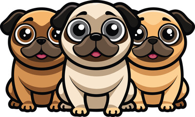 Obraz premium Three Cute Cartoon Pugs in a Row on a White Background