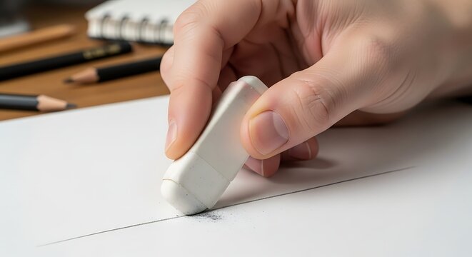Person Hand Using White Eraser on Paper in Workspace with Pencils and Notebook