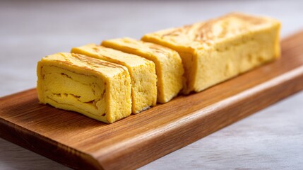 Traditional Japanese tamagoyaki rolled omelette cut into slices served a wooden sushi board minimal clean background