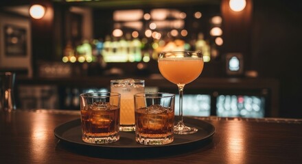 Four drinks on a tray at a dimly lit bar