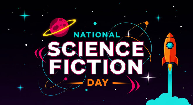 National Science Fiction Day with Rocket Launching into Space sci-fi galaxy