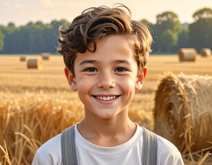 Radiant boy smiles amidst golden fields