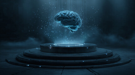  Futuristic Holographic Brain Display Floating above a Circular Platform
