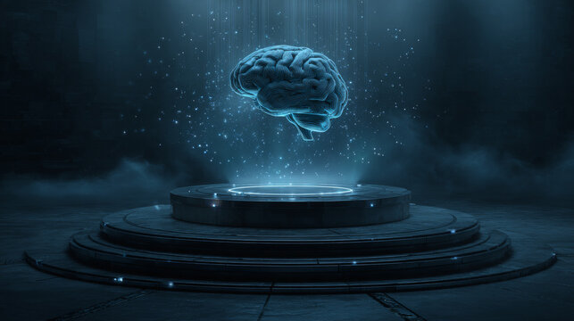  Futuristic Holographic Brain Display Floating above a Circular Platform