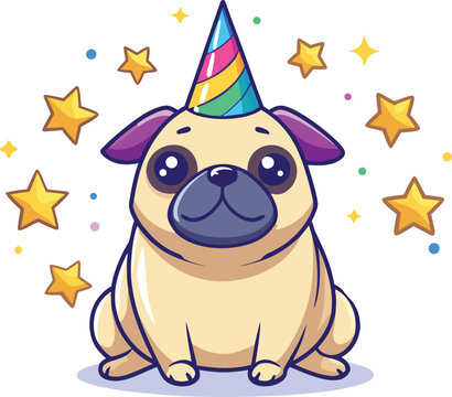 Pug Dog Wearing Party Hat with Stars puppy animal