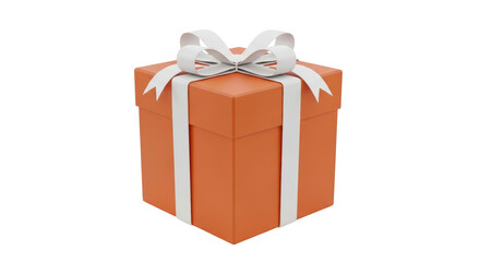 Isolated orange gift box with white ribbon and bow, festive celebration surprise present