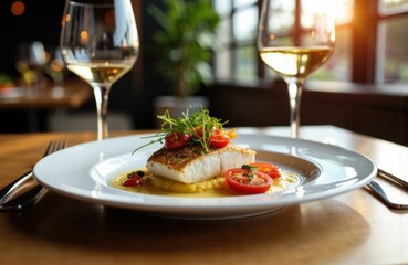 A plated gourmet dish featuring a piece of fish with fresh vegetables and herbs on a white plate with two glasses of white wine in a cozy restaurant setting
