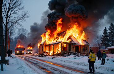 Obraz premium Fire engulfs a house with thick black smoke rising into the sky during winter, with emergency vehicles and personnel on the scene