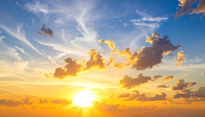 Brilliant Sunset with Golden Light Rays Streaming Through Fluffy Clouds Against a Vibrant Blue Sky Landscape