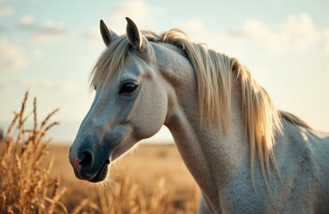 Obraz premium A white horse stands in a golden field during sunset with a clear sky and soft lighting