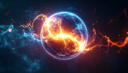 A vibrant, energy-filled sphere with dynamic lightning-like strands of light. Cool blues & hot oranges/yellows swirl, cosmic effect