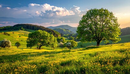 Obraz premium spring landscape with trees in the foreground and hills with vibrant blooming meadow