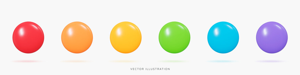 3D Glossy sphere balls in rainbow colours icon set. Colourful geometric round figure with shadow. Circle shape. Cartoon design icons isolated on white background. 3D Vector illustration