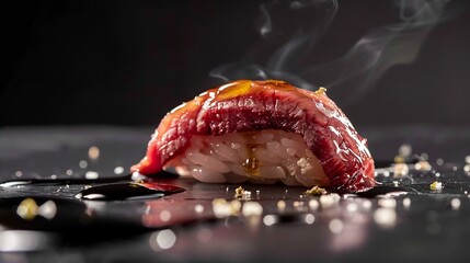Wagyu beef sushi truffle oil drizzle luxury fine dining photography minimalist black background