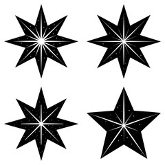 Obraz premium Four stylized black stars with varying points and internal lines on a white background artfully arranged