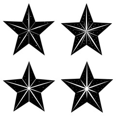 Obraz premium Four stylized black stars with internal line designs and scattered white dots on a white background