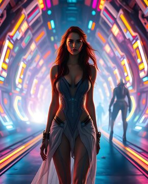 Epic scene, vibrant colors, lens glow lighting, a beautiful woman with radiant features, walking through a futuristic setting, soft lighting, heroic elements, massive scale.