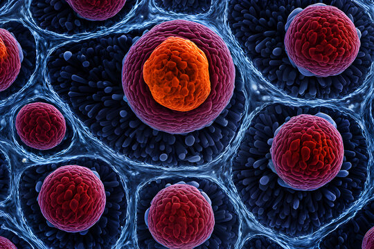 Microscopic view of cells with highlighted red nucleus.