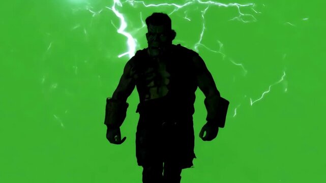 A chilling video of a person in a Frankenstein's monster costume, presented as a black silhouette against a bright green screen with dynamic lightning effects