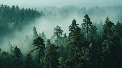 Misty forest landscape with tall evergreen trees in foggy mountains. Atmospheric nature scene of pine woodland. Tranquil wilderness scenery for environmental concept. - Powered by Adobe