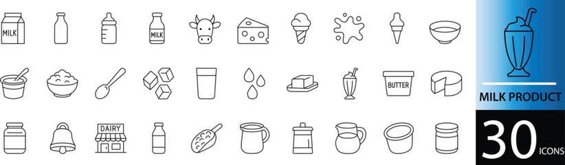 Minimal Milk Product Line Icon Set 30 Clean Outline Symbols for Dairy, Beverage, and Food Design