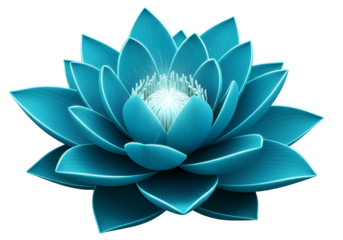A vibrant, luminous turquoise lotus flower blooms against a striking black background, showcasing intricate details and a captivating visual appeal.