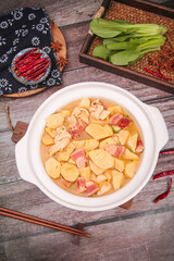 Fresh Bamboo Shoots Soup with Bacon and Alpine Vegetables - Traditional Asian Cuisine