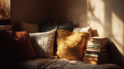 Cozy reading nook with colorful pillows and stacked books bathed in warm sunlight, creating a serene and inviting atmosphere for relaxation and literary enjoyment.