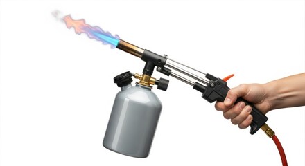 Hand holds a gas torch with a blue flame