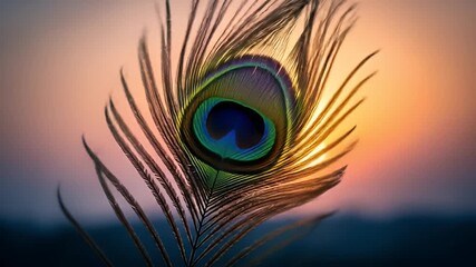 Single Peacock Feather Illuminated By The Sun Against a Sunset Sky - Powered by Adobe