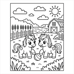 Cute Pony Coloring Page for Kids Farm Scene with Horses and Barn