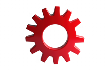 Vibrant red gear isolated against a deep transparent background demonstrating mechanical engineering concepts
